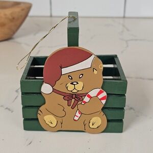 VTG Bear Christmas Ornament Wooden Crate Holder Holiday Decor 90s Ugly Christmas